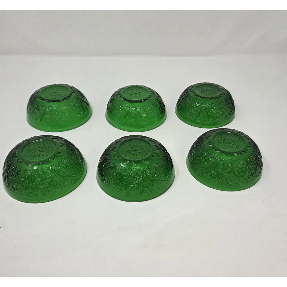 Anchor Hocking Forest Green Sandwich Glass Berry Bowls Set of 6 Vintage‎ 1950s